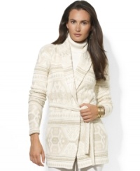Subtly festive for the season, Lauren Ralph Lauren's soft knit cardigan is crafted with a handsome shawl collar and subtle snowflake pattern. Subtly festive for the season, Lauren Ralph Lauren's soft knit cardigan is crafted with a handsome shawl collar and subtle snowflake pattern.
