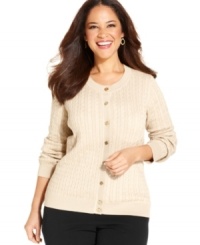 Karen Scott's plus size cable-knit sweater combines texture with a lightweight fabric blend - perfect for crisp days! Karen Scott's plus size cable-knit sweater combines texture with a lightweight fabric blend - perfect for crisp days!