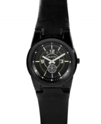 For distinctively masculine - yet still subtle - style, strap on this black on black watch by Unlisted. Black leather strap and round gunmetal ion-plated mixed metal case. Black dial features white numerals and stick indices, minute track, subdial, three hands and logo. Quartz movement. Splash resistant. Two-year limited warranty. For distinctively masculine - yet still subtle - style, strap on this black on black watch by Unlisted. Black leather strap and round gunmetal ion-plated mixed metal case. Black dial features white numerals and stick indices, minute track, subdial, three hands and logo. Quartz movement. Splash resistant. Two-year limited warranty.
