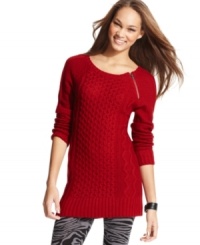 Keep it nice in cushy in It's Our Time's tunic-style sweater! The cable-knit design brings a sense of timeless style, while the exposed zipper accents the layer with downtown cool. Keep it nice in cushy in It's Our Time's tunic-style sweater! The cable-knit design brings a sense of timeless style, while the exposed zipper accents the layer with downtown cool.