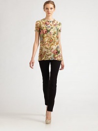 Tailored in a plush cotton and silk blend, this beautiful knit has a floral printed front and solid back.Layered-look crewneckLayered-look short sleevesPullover style50% cotton/50% silkDry cleanMade in Italy of imported fabric Model shown is 5'10 wearing US size 4. Tailored in a plush cotton and silk blend, this beautiful knit has a floral printed front and solid back.Layered-look crewneckLayered-look short sleevesPullover style50% cotton/50% silkDry cleanMade in Italy of imported fabric Model shown is 5'10 wearing US size 4.