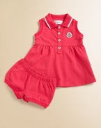 Sweet and sporty, in soft pique knit, a charming and comfy warm-weather look for your little girl.Ribbed polo collar with striped tippingSleeveless with ribbed armholesButton placketLogo appliqué at chest Softly gathered Empire waistMatching bloomers with elasticized waist and ribbed leg openings96% cotton/4% elastaneMachine washImported Please note: Number of buttons may vary depending on size ordered. 