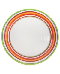 A brilliant line up. Calypso dinner plates brighten every day with hand-painted bands of tropical color in easy-care earthenware. From Clay Art. A brilliant line up. Calypso dinner plates brighten every day with hand-painted bands of tropical color in easy-care earthenware. From Clay Art.