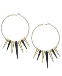 Get right to the point with this pair of hoop earrings from Bar III. Crafted from gold-tone mixed metal, the earrings feature black and gold-tone spikes to have you looking quite sharp. Approximate drop: 3 inches. Approximate diameter: 2 inches.