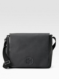Large messenger in Black Plus coated fabric with leather trim and interlocking G detail. Flap closure with magnetic snap Adjustable shoulder strap Exterior back pocket Interior zip, cellphone pockets Interior pen, business card holders 16W X 12¼H X 4D Made in Italy Large messenger in Black Plus coated fabric with leather trim and interlocking G detail. Flap closure with magnetic snap Adjustable shoulder strap Exterior back pocket Interior zip, cellphone pockets Interior pen, business card holders 16W X 12¼H X 4D Made in Italy