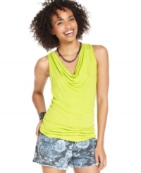 A tough grid of elastic bands adds serious edge -- and killer back design -- to this cowl neck top from Eyeshadow! A tough grid of elastic bands adds serious edge -- and killer back design -- to this cowl neck top from Eyeshadow!
