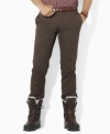 A trim-fitting chino pant makes the grade as an everyday favorite with a hint of stretch and a softly faded wash.