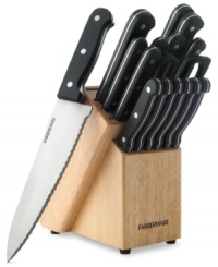 The focal points of any well-stocked kitchen. Farberware raises the bar for excellence, quality and durability in your space with this high-carbon stainless steel set of all the knives you'll need to prep with precision. Micro-serrated blades and full tang triple-riveted handles provide the incredible sharpness, long-lasting edge and unbeatable balance every chef craves. The focal points of any well-stocked kitchen. Farberware raises the bar for excellence, quality and durability in your space with this high-carbon stainless steel set of all the knives you'll need to prep with precision. Micro-serrated blades and full tang triple-riveted handles provide the incredible sharpness, long-lasting edge and unbeatable balance every chef craves.