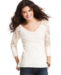 Eyeshadow remixes the classic raglan, joining dainty lace with waffle-knit fabric on a top that's bound to be a favorite this season! Eyeshadow remixes the classic raglan, joining dainty lace with waffle-knit fabric on a top that's bound to be a favorite this season!