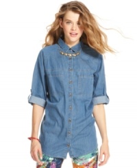 Made long, built strong! Fire's chambray button-down top sports raglan-style roll-tab sleeves and overall cool attitude. Grab a pair of printed skinnies for a look that mixes neutral with bold. Made long, built strong! Fire's chambray button-down top sports raglan-style roll-tab sleeves and overall cool attitude. Grab a pair of printed skinnies for a look that mixes neutral with bold.