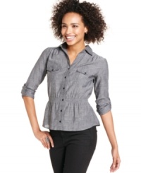 Utility pockets and roll tab sleeves lend safari-cool style to Fire's version of our favorite top: the chambray button-down! Utility pockets and roll tab sleeves lend safari-cool style to Fire's version of our favorite top: the chambray button-down!