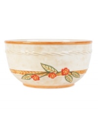 Rope accents in a mottled beige ground make this soup bowl stand out amid the vibrant patterns of Carissa Paisley dinnerware from Fitz and Floyd.