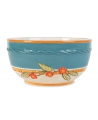 Rope accents and a band of cool blue make this soup bowl stand out amid the vibrant patterns of Carissa Paisley dinnerware from Fitz and Floyd. Rope accents and a band of cool blue make this soup bowl stand out amid the vibrant patterns of Carissa Paisley dinnerware from Fitz and Floyd.
