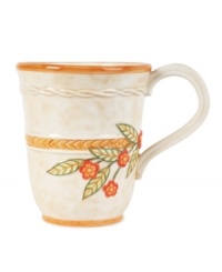 Rope accents in a mottled beige ground make this mug stand out amid the vibrant patterns of Carissa Paisley dinnerware from Fitz and Floyd. Rope accents in a mottled beige ground make this mug stand out amid the vibrant patterns of Carissa Paisley dinnerware from Fitz and Floyd.