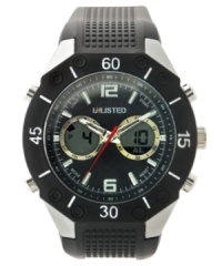 Get up and go with this athletic-inspired watch by Unlisted. Black polyurethane strap and round silver tone mixed metal case with black plating. Black bezel with lugs and white numerals. Black dial features numerals at twelve and six o'clock, stick indices, three hands, logo and two digital display subdials. Quartz movement. Splash resistant. Two-year limited warranty. Get up and go with this athletic-inspired watch by Unlisted. Black polyurethane strap and round silver tone mixed metal case with black plating. Black bezel with lugs and white numerals. Black dial features numerals at twelve and six o'clock, stick indices, three hands, logo and two digital display subdials. Quartz movement. Splash resistant. Two-year limited warranty.