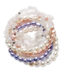 Contemporary classics. This sterling silver bracelet set from Fresh by Honora is adorned with white raspberry and blueberry baroque cultured freshwater pearls (6-7 mm), as well as rose quartz (110 ct. t.w.) for a stunning effect times six. Lycra cord stretches to fit wrist. Approximate length: 7-1/4-7-1/2 inches. Contemporary classics. This sterling silver bracelet set from Fresh by Honora is adorned with white raspberry and blueberry baroque cultured freshwater pearls (6-7 mm), as well as rose quartz (110 ct. t.w.) for a stunning effect times six. Lycra cord stretches to fit wrist. Approximate length: 7-1/4-7-1/2 inches.