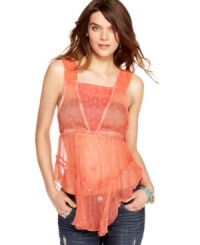 In a sheer crinkled fabric, this Free People embroidered tank adds frilly flounce to your spring look! In a sheer crinkled fabric, this Free People embroidered tank adds frilly flounce to your spring look!