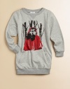 This cozy tunic-length pullover is adorably adorned with a front screen print of a red-cloaked wolf in the woods, complete with a big bow and a leering smile.Ribbed crewneck with V insetLong sleeves with ribbed cuffsAngled front zip pocketsWide ribbed hemCottonHand washImported