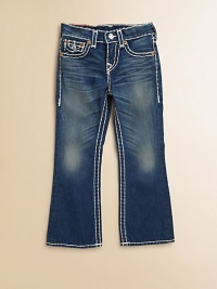 A dark-wash, five-pocket style is updated with whiskering, fading and bold, white topstitching in a bootcut silhouette.Front button closureAdjustable waistband with belt loopsZip flyFive-pocket styleCottonMachine washImported of domestic fabric A dark-wash, five-pocket style is updated with whiskering, fading and bold, white topstitching in a bootcut silhouette.Front button closureAdjustable waistband with belt loopsZip flyFive-pocket styleCottonMachine washImported of domestic fabric
