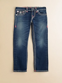Thick, contrast stitching with neon bartacks, silvertone hardware and signature pockets define this comfy, slim-fitting pair.Front button closureAdjustable waistband with belt loopsZip flyFive-pocket styleCotton/SpandexMachine washImported of domestic fabric Thick, contrast stitching with neon bartacks, silvertone hardware and signature pockets define this comfy, slim-fitting pair.Front button closureAdjustable waistband with belt loopsZip flyFive-pocket styleCotton/SpandexMachine washImported of domestic fabric