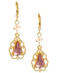 Decorated drops of pretty pink. Betsey Johnson's gold tone mixed metal earrings feature pink-colored crystal teardrops with gold-tone details and crystal accents. A small crystal accent decorates the post. Approximate drop: 2 inches. Decorated drops of pretty pink. Betsey Johnson's gold tone mixed metal earrings feature pink-colored crystal teardrops with gold-tone details and crystal accents. A small crystal accent decorates the post. Approximate drop: 2 inches.