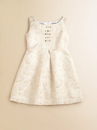 An elegant brocade in a pretty rose pattern has sparkly jewels on the bodice and grown-up style everywhere.Ballerina necklineSleevelessRhinestones on bodiceBack zip closeSlightly high seamed waistFlared skirt with inverted center pleats, front and backSatin liningCotton/nylon/metallicDry cleanImported An elegant brocade in a pretty rose pattern has sparkly jewels on the bodice and grown-up style everywhere.Ballerina necklineSleevelessRhinestones on bodiceBack zip closeSlightly high seamed waistFlared skirt with inverted center pleats, front and backSatin liningCotton/nylon/metallicDry cleanImported