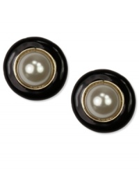 Cute as a button. These darling earrings from Anne Klein highlight a plastic pearl surround by gold tone details. Crafted in black ruthenium tone mixed metal. Approximate diameter: 1 inch. Cute as a button. These darling earrings from Anne Klein highlight a plastic pearl surround by gold tone details. Crafted in black ruthenium tone mixed metal. Approximate diameter: 1 inch.