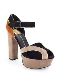 THE LOOKColorblock suede upperPeep toeGolden leather pipingPadded insoleSelf-covered heel, 5 (125mm)Self-covered platform, 1½ (40mm)Compares to a 3½ heel (90mm)THE MATERIALSuede upperLeather lining and soleORIGINImported THE LOOKColorblock suede upperPeep toeGolden leather pipingPadded insoleSelf-covered heel, 5 (125mm)Self-covered platform, 1½ (40mm)Compares to a 3½ heel (90mm)THE MATERIALSuede upperLeather lining and soleORIGINImported