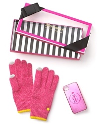 The perfect gift to give (or get!) this holiday season, Juicy Couture's boxed set features glittering, tech-savvy, iPhone-compatible gloves and a coordinating sparkly iPhone case. The perfect gift to give (or get!) this holiday season, Juicy Couture's boxed set features glittering, tech-savvy, iPhone-compatible gloves and a coordinating sparkly iPhone case.