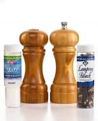 Put great taste on the table. This striking pepper mill and salt shaker set includes high-quality salt and peppercorn samples, so you can step every meal up. By crushing instead of grinding, this set promises to never jam up or wear out. Put great taste on the table. This striking pepper mill and salt shaker set includes high-quality salt and peppercorn samples, so you can step every meal up. By crushing instead of grinding, this set promises to never jam up or wear out.