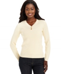 Be cozy in Karen Scott's ribbed knit sweater, featuring a flattering V-neckline and two goldtone buttons. Be cozy in Karen Scott's ribbed knit sweater, featuring a flattering V-neckline and two goldtone buttons.
