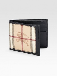 Iconic check design with logo embossed leather secures your cash and credits in style.One billfold compartmentSix card slotsLeather/polyvinyl4 x 3Made in Italy Iconic check design with logo embossed leather secures your cash and credits in style.One billfold compartmentSix card slotsLeather/polyvinyl4 x 3Made in Italy