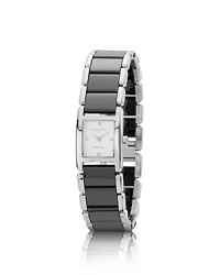 PANDORA's feminine 'Facets' watch in black ceramic and stainless steel. Four white diamonds adorn the face, and the crown comes complete with a signature black diamond. PANDORA's feminine 'Facets' watch in black ceramic and stainless steel. Four white diamonds adorn the face, and the crown comes complete with a signature black diamond.