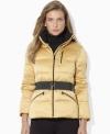 Lauren Ralph Lauren's modernized petite classic, the mockneck down jacket is given a chic belt for a slimming and stylish look.