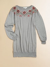 Textured embroidery in a colorful Nordic pattern gives spirit and dimension to a sweatery-soft style.Extended ribbed crewneckSoft pleating at the shouldersLong sleeves with ribbed cuffsAll-around embroidered designWide ribbing at hemPullover styling45% viscose/30% nylon/20% cotton/5% woolHand washImported Textured embroidery in a colorful Nordic pattern gives spirit and dimension to a sweatery-soft style.Extended ribbed crewneckSoft pleating at the shouldersLong sleeves with ribbed cuffsAll-around embroidered designWide ribbing at hemPullover styling45% viscose/30% nylon/20% cotton/5% woolHand washImported