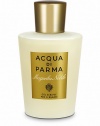 Indulge yourself with this luxurious and rich foaming bath and shower cleansing gel from Acqua di Parma's Magnolia Nobile collection. Relax and step into the world of the noblest palazzo gardens in Italy, highlighting the delicate and sensual Magnolia flower. Used in the shower or as a moment of relaxation in the bath, the formula is enriched with silk proteins and vitamin B5, creating a wonderful pampering experience while also protecting the skin. 6.7 oz. 