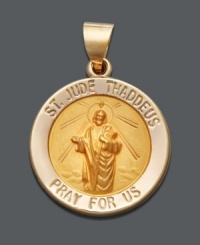 Carry this religious icon with you everywhere you go. Crafted in 14k gold, pendant features Saint Jude with the engravings, St. Jude Thaddeus and Pray For Us. Approximate drop width: 3/4 inch. Approximate drop length: 1 inch. Carry this religious icon with you everywhere you go. Crafted in 14k gold, pendant features Saint Jude with the engravings, St. Jude Thaddeus and Pray For Us. Approximate drop width: 3/4 inch. Approximate drop length: 1 inch.