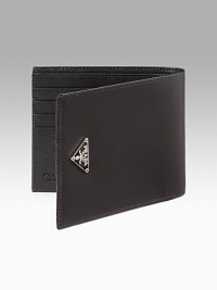 Nylon billfold with leather trim and signature triangle enamel logo. Double billfold w/eight credit card slots 4½W X 3¾H Made in Italy Nylon billfold with leather trim and signature triangle enamel logo. Double billfold w/eight credit card slots 4½W X 3¾H Made in Italy