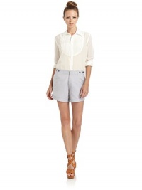 THE LOOKShirt collarAccordion pleated bibConcealed button frontTHE FITAbout 24 from shoulder to hemTHE MATERIAL53% silk/47% silkCARE & ORIGINDry cleanImportedModel shown is 5'9 (175cm) wearing US size 4. THE LOOKShirt collarAccordion pleated bibConcealed button frontTHE FITAbout 24 from shoulder to hemTHE MATERIAL53% silk/47% silkCARE & ORIGINDry cleanImportedModel shown is 5'9 (175cm) wearing US size 4.