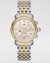 From the CSX Collection. A modern, two-tone stainless steel timepiece elevated by dazzling diamond markers. Swiss quartz movementWater resistant to 5 ATMRound stainless steel case, 36mm (1.4)18k goldplated stainless steel bezelMother-of-pearl chronograph dialDiamond hour markers, .64tcwDate display at 6 o'clockSecond hand Two-tone stainless steel link bracelet, 18mm wide (0.7)Imported