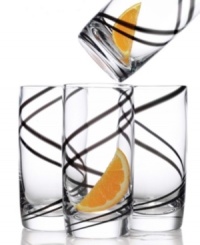 A ribbon of black in clear glass adds bold style to everyday drinks and cocktails. With heavy-bottomed bases and sturdy construction, this set of four highball glasses is a delightful twist on the ordinary. A ribbon of black in clear glass adds bold style to everyday drinks and cocktails. With heavy-bottomed bases and sturdy construction, this set of four highball glasses is a delightful twist on the ordinary.