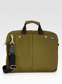 Inspired by a vintage pilot's bag, this brief has two exterior patch pockets that can both fit tablet computers. Interior functionality includes key fob, laptop sleeve, zip pocket and pen pockets.Zip closureDouble top handlesAdjustable, removable shoulder strapExterior patch, interior zip pocketsNylon16W x 12H x 2DImported