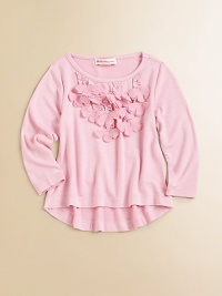Rows of floral appliqués lend a girly touch to a long-sleeved, everyday knit.Round necklineLong sleevesPullover styleHi-lo hemViscose/SpandexHand washImported Rows of floral appliqués lend a girly touch to a long-sleeved, everyday knit.Round necklineLong sleevesPullover styleHi-lo hemViscose/SpandexHand washImported