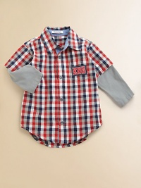 A classic plaid button-down with appliqué is designed in a layered-look silhouette with contrasting sleeves.Shirt collarLong, layered-look sleevesButton-frontPatch pocketsShirttail hemCottonMachine washImported Please note: Number of buttons may vary depending on size ordered. A classic plaid button-down with appliqué is designed in a layered-look silhouette with contrasting sleeves.Shirt collarLong, layered-look sleevesButton-frontPatch pocketsShirttail hemCottonMachine washImported Please note: Number of buttons may vary depending on size ordered.