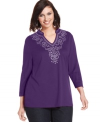 For sophisticated casual style, snag Karen Scott's embroidered plus size kurta top-- it's a perfect match with jeans. For sophisticated casual style, snag Karen Scott's embroidered plus size kurta top-- it's a perfect match with jeans.