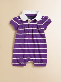 A ruffle-trimmed Peter Pan collar and precious puffed sleeves accent an adorable bubble silhouette, crafted from luxuriously soft cotton in playful stripes. Twill Peter Pan collarShort puffed sleevesConcealed front button placketEmpire waistConcealed bottom snapsCottonMachine washImported Please note: Number of buttons and snaps may vary depending on size ordered. A ruffle-trimmed Peter Pan collar and precious puffed sleeves accent an adorable bubble silhouette, crafted from luxuriously soft cotton in playful stripes. Twill Peter Pan collarShort puffed sleevesConcealed front button placketEmpire waistConcealed bottom snapsCottonMachine washImported Please note: Number of buttons and snaps may vary depending on size ordered.