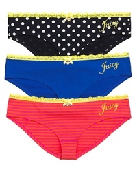 Give boyshorts to all the girls with this gift-ready set from Juicy Couture. Three pairs of lace-trimmed hipsters are packaged in a striped box with a hot pink bow. Give boyshorts to all the girls with this gift-ready set from Juicy Couture. Three pairs of lace-trimmed hipsters are packaged in a striped box with a hot pink bow.