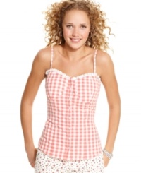 Play the country sweet vixen in this gingham print, bustier-style top from American Rag! An adorable companion to your summery bottoms! Play the country sweet vixen in this gingham print, bustier-style top from American Rag! An adorable companion to your summery bottoms!