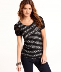 Designed for the trend-lovin' girl who fancies a bit of lace, this top from BCX features a stately, two-toned bodice -- and looks awesome with your dark wash skinny jeans! Designed for the trend-lovin' girl who fancies a bit of lace, this top from BCX features a stately, two-toned bodice -- and looks awesome with your dark wash skinny jeans!