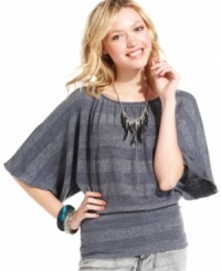 BCX indulges our love of all things metallic with a casual kimono sleeve top designed with twinkling, silvery stripes. BCX indulges our love of all things metallic with a casual kimono sleeve top designed with twinkling, silvery stripes.